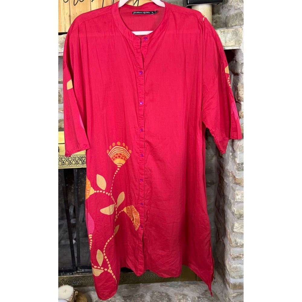 Gudrun Sjoden Red Floral Graphic Button Front Tunic Shirt XL Lagenlook Artistic